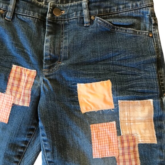 Boho Patchwork Cutoffs, M: Upcycled Denim Cut-Off Shorts, Orange Brown Plaid - Picture 5 of 9